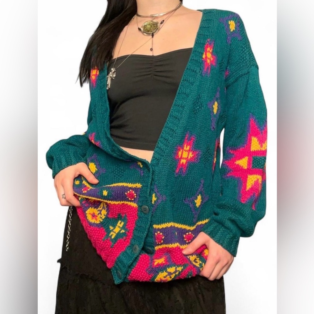 vintage IZOD hand knitted aztec print grandma sweater cardigan